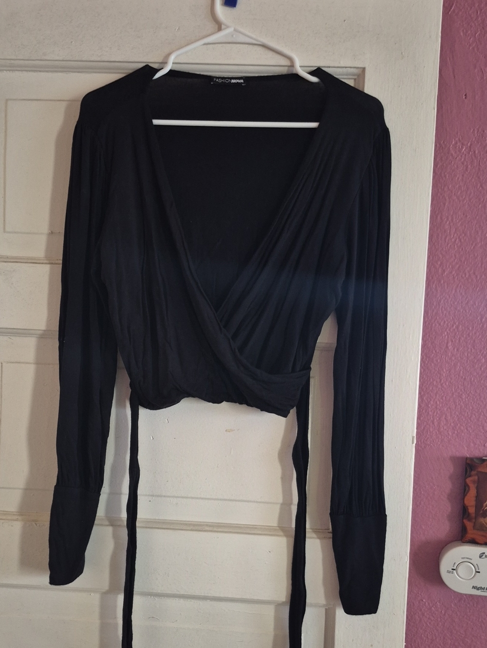 Fashion Nova Black Wrap-Front Long Sleeve Crop Top